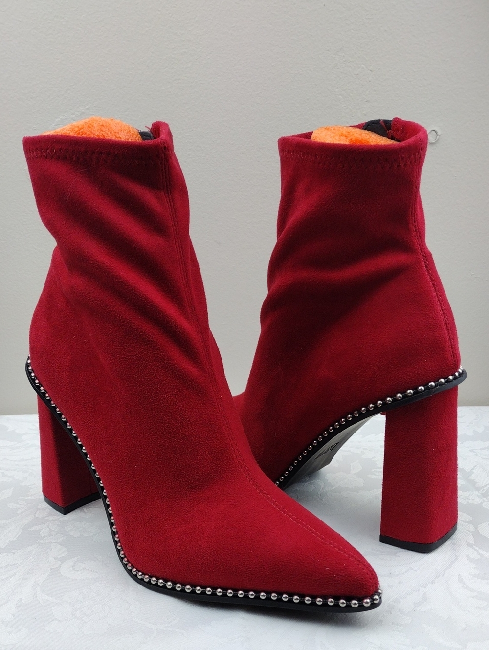 Bar III Layneff Red Suede Silver Studded Point Toe Side Zip High Heel Short Boot